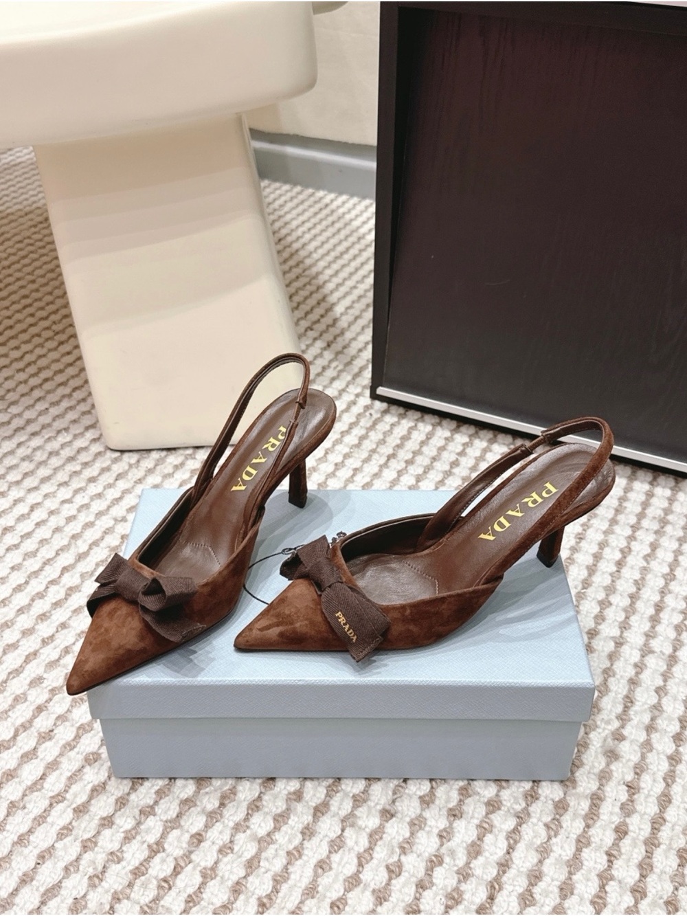 Prada Brown Suede Pointed Slingback Pumps with Bow Detail - Picture 3 of 7